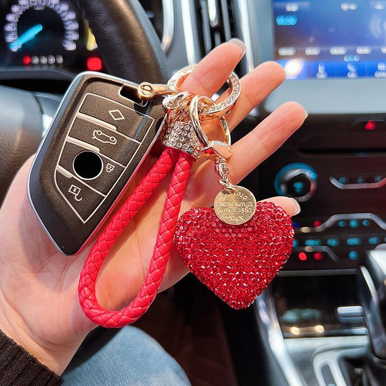Full Rhinestone Clay Heart Keychain, Bling Love Heart Car Key Ring with Braided Leather Strap, Luxury Bag Charm Accessory for Women