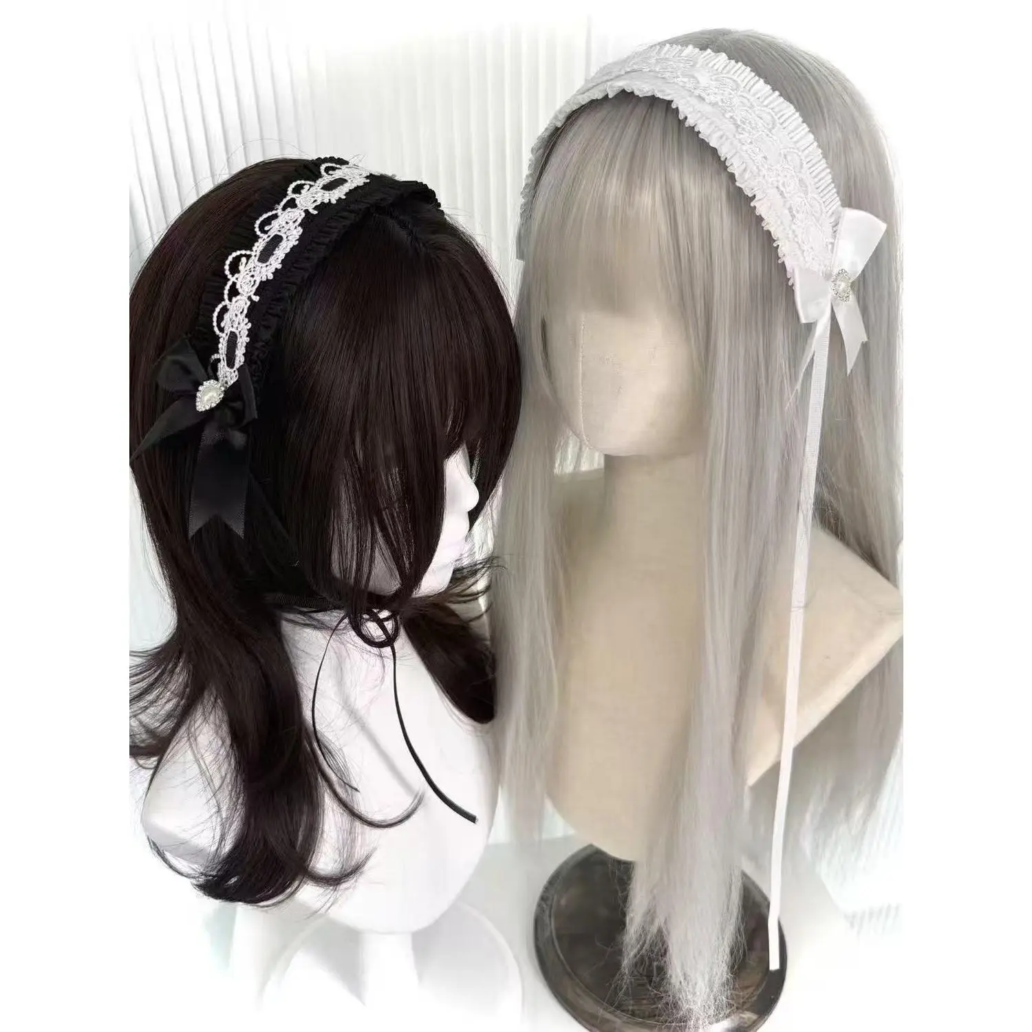 Vintage Lace Lolita Headband, Heart Rhinestone Bow Ribbon Hairband, Sweet Goth Alt Black & White Maid Style Hair Accessory