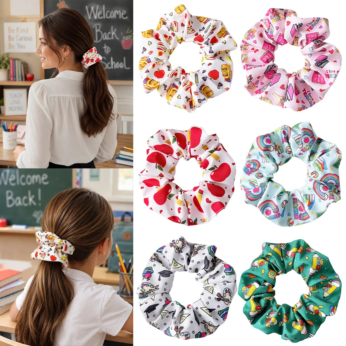Back to School Hair Accessories Set for Girls, Pencil & School Bus Themed Cute Hair Rope Tie & Bow Hair Clips, Cartoon School Season Hair Bands for Kids, Soft Elastic Ponytail Holders for Daily School Wear, Compatible with Most Hair Types