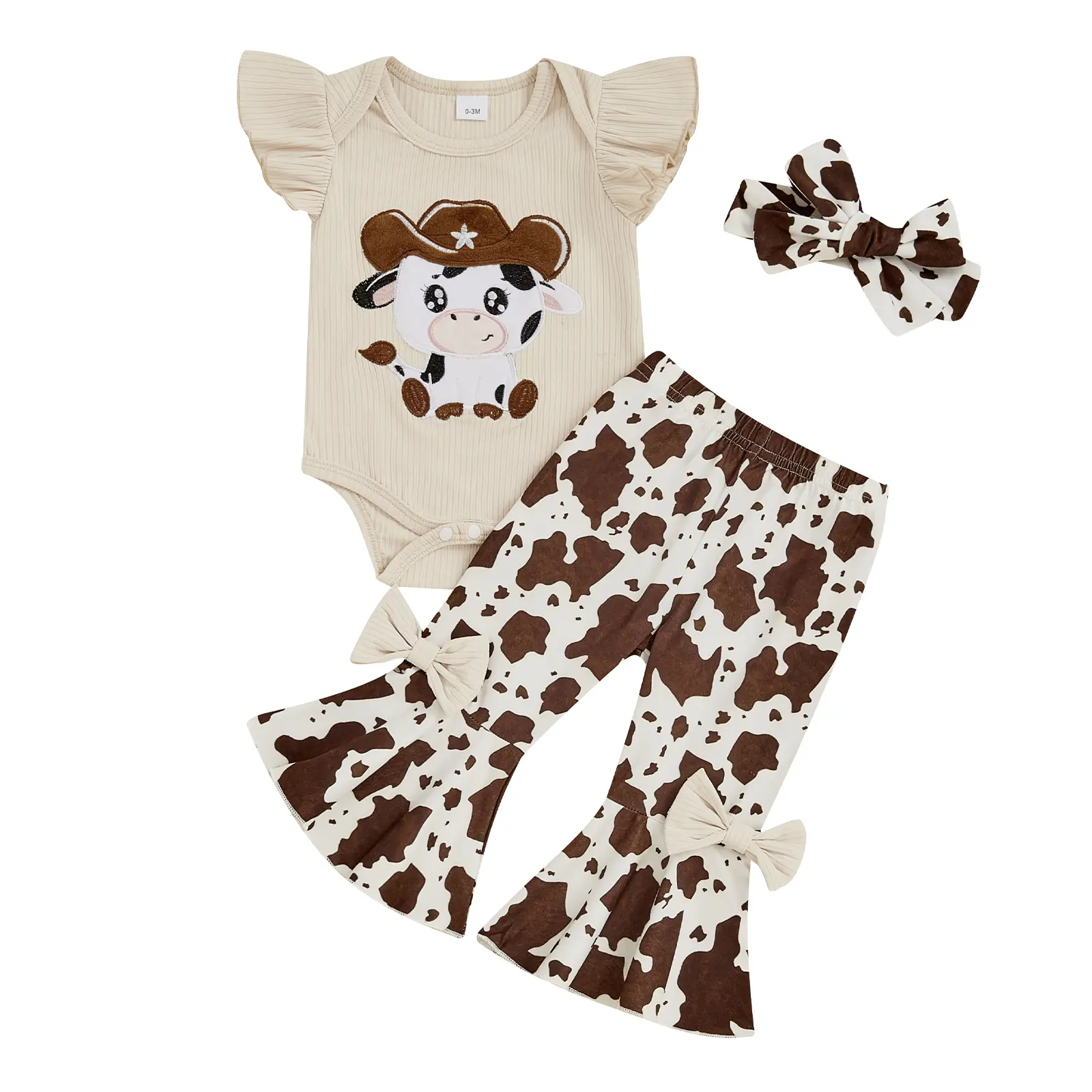 Baby Girls Summer Outfits Ruffle Sleeveless Cow Embroidery Romper + Pants + Headband Set Western Clothes