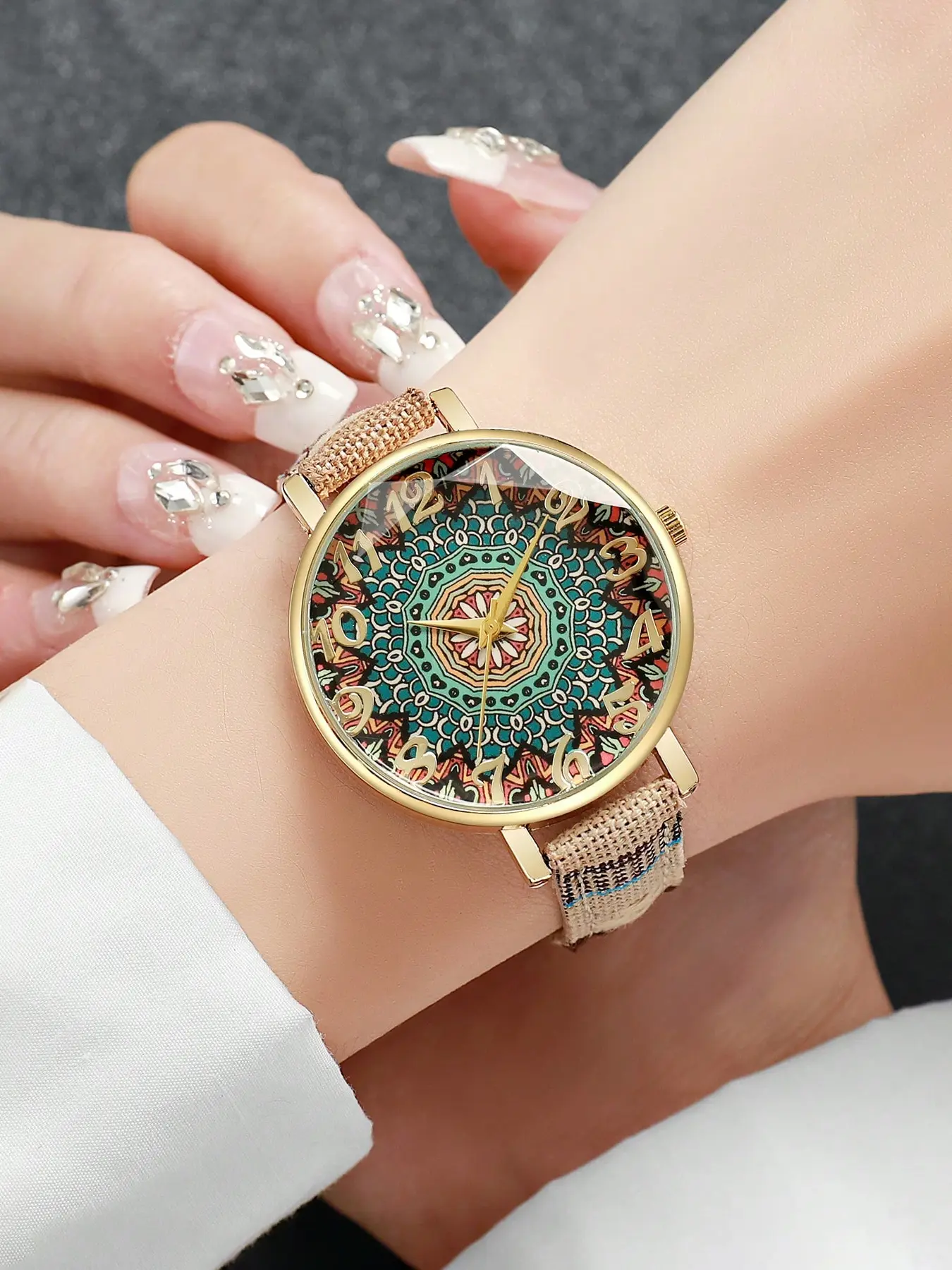 1 piece/set Creative Colorful Ins Canvas Strap Retro Ethnic Women's Quartz Watch Boho Style