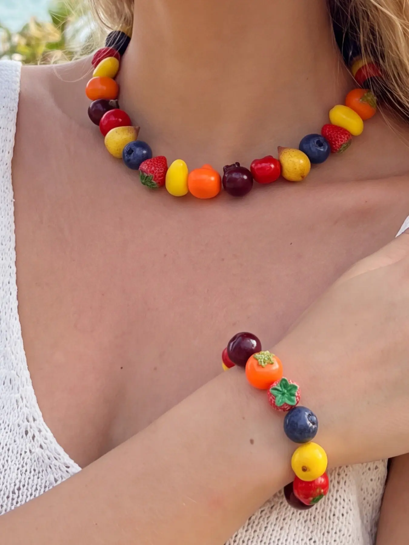 Dopamine Summer Fruit Jewelry Set, Strawberry Blueberry Tomato Bead Necklace Bracelet, Elegant Beach Picnic Accessory for Women