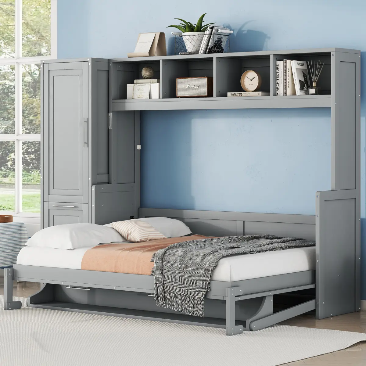 Full Size Murphy Bed Wall Bed with Closet and Drawers,Gray(OLD SKU:LP000792AAE-2)