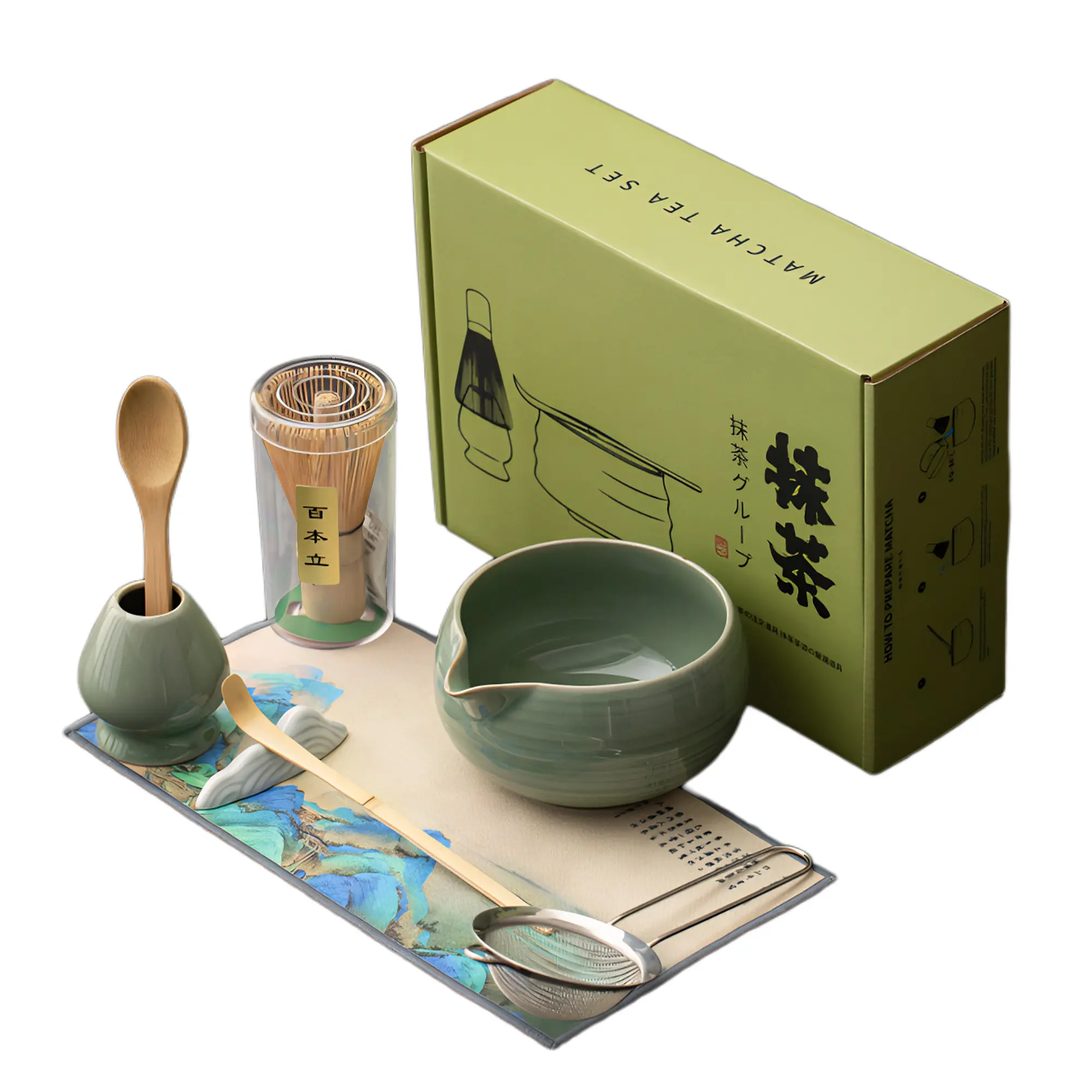 Complete Japanese Matcha Tea Set – 7-Piece Kit with Bamboo Whisk, Ceramic Matcha Bowl, Scoop, Sifter, Holder – High-quality Set for Beginners & Tea Enthusiasts – Pink