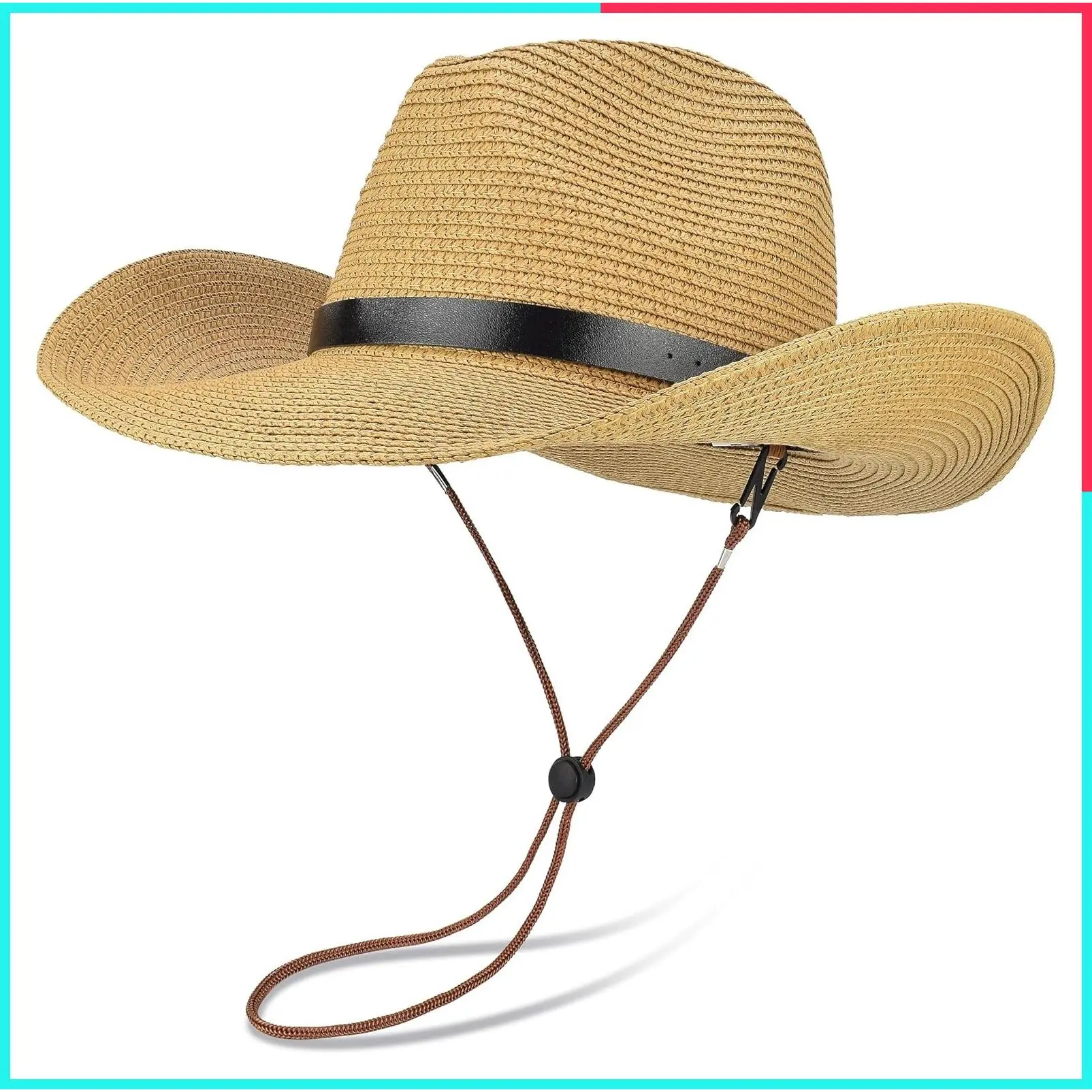 Adjustable Straw Cowboy Hat, Western Cowgirl Sun Hat for Outdoor, Fits Large Heads Men & Women, Detachable Chin Strap, Shapeable Wide Brim, Breathable & Lightweight