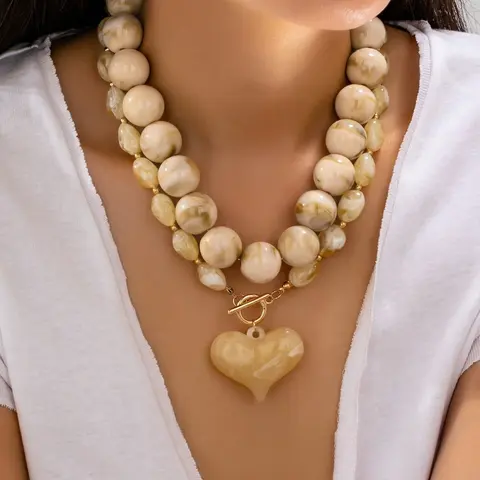 2 Pcs Chunky Acrylic Beaded Heart Pendant Necklace, Marbled Cream Toggle Necklace for Women, Y2K Trendy Layered Jewelry Accessories, Fashionable Accessory