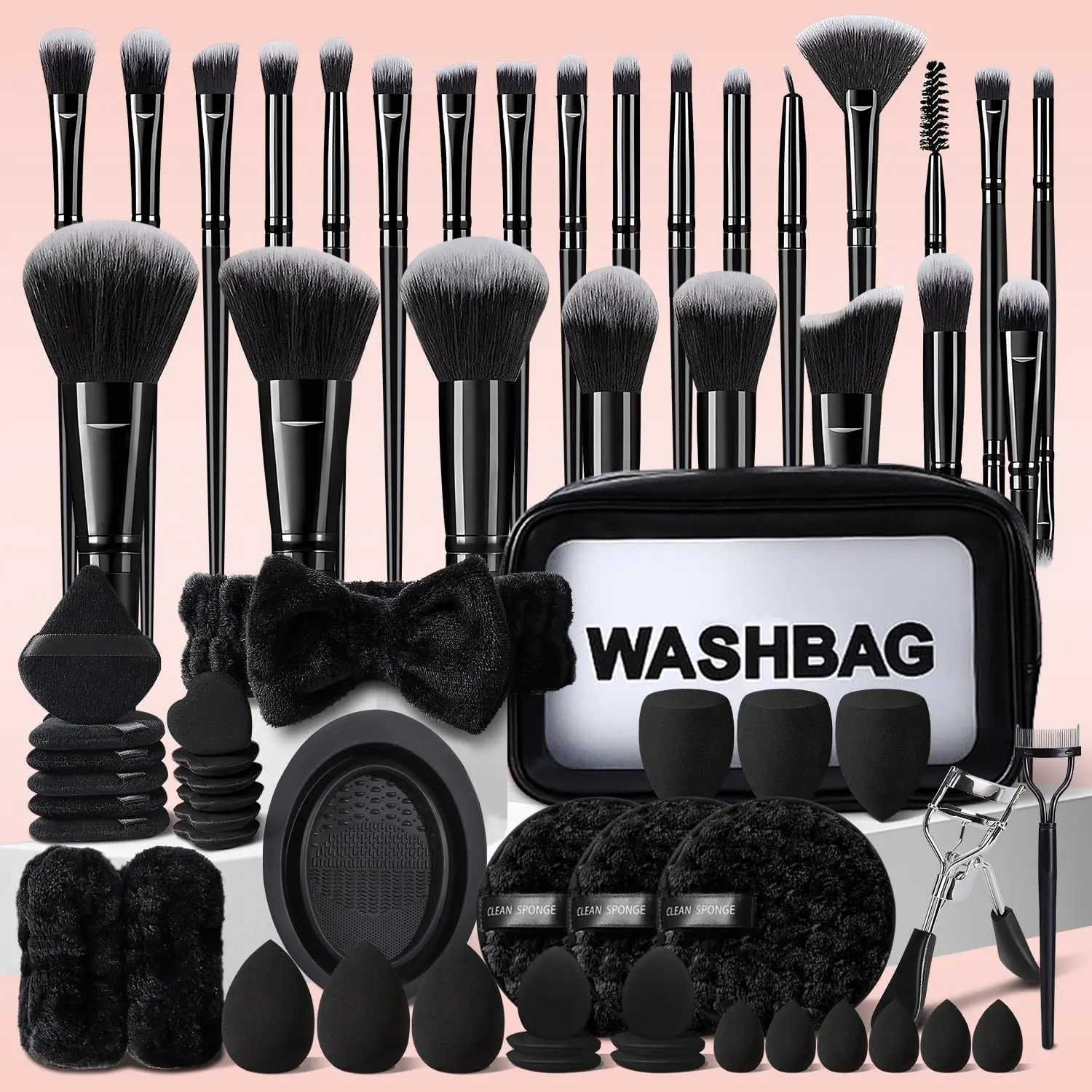 Professional Black Makeup Brushes Set with Wash Bag, Full Makeup Tool Kit, Beauty Sponges, Puff, Makeup Cleaner Mat, Hair Clips & Eyelash Curler, Complete Cosmetic Brush Collection