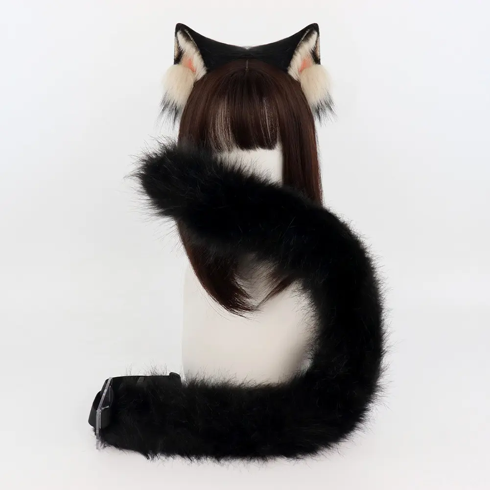 Plush Cartoon Cat Cosplay Accessory Set for Women, Black Ear Headband and Tail, 1-Size Polyester Costume for Parties, Women's Clothes, Clothes, Accessories, One Size
