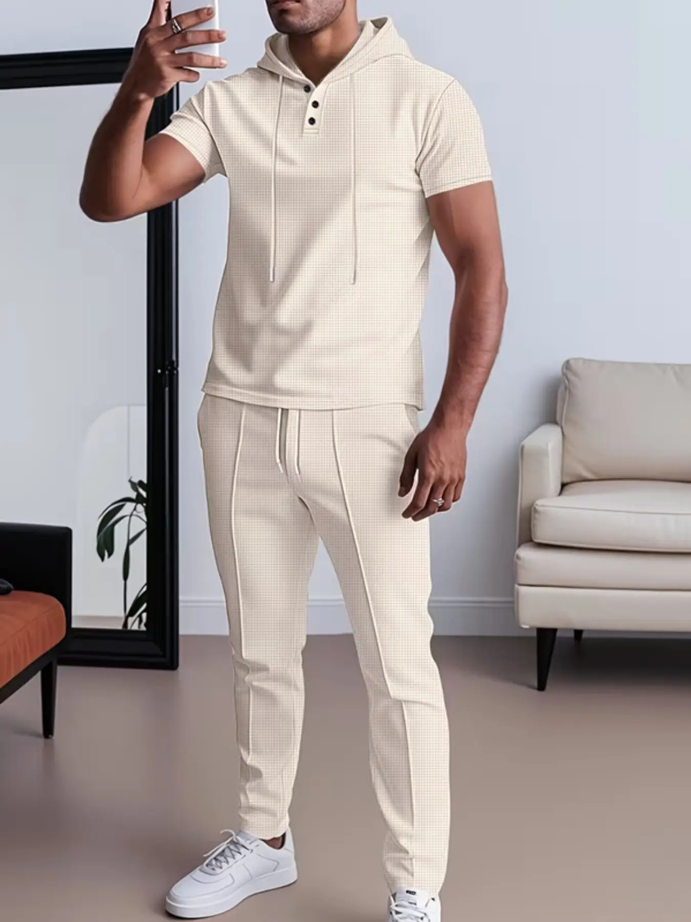 New Men's Casual Gingham Blouse Set, Slim-Fitting Short Sleeve Top, Long Pants, Spring & Fall Fashion, Two-Piece