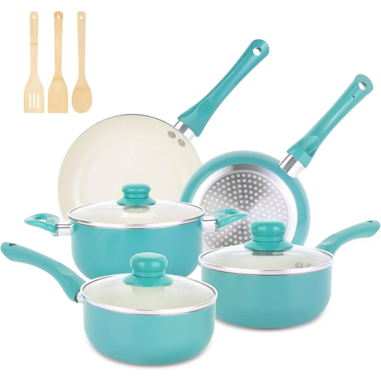 Pots and Pans Set Nonstick, 11 count Kitchen Cookware Sets Induction Cookware, Ceraic Non Stick Cooking Set, Stay Cool Handle & Baboo Kitchen Utensils,  PFOA Free, Turquoise