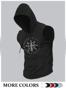 Men Drawstring Hooded Sleeveless Workout Tank Top Vintage Chalk Vegvisir Viking Compass Rune Circle Graphic Nordic Pagan Breathable Dark Aesthetic Streetwear Athletic Training Vest Multiple Colors