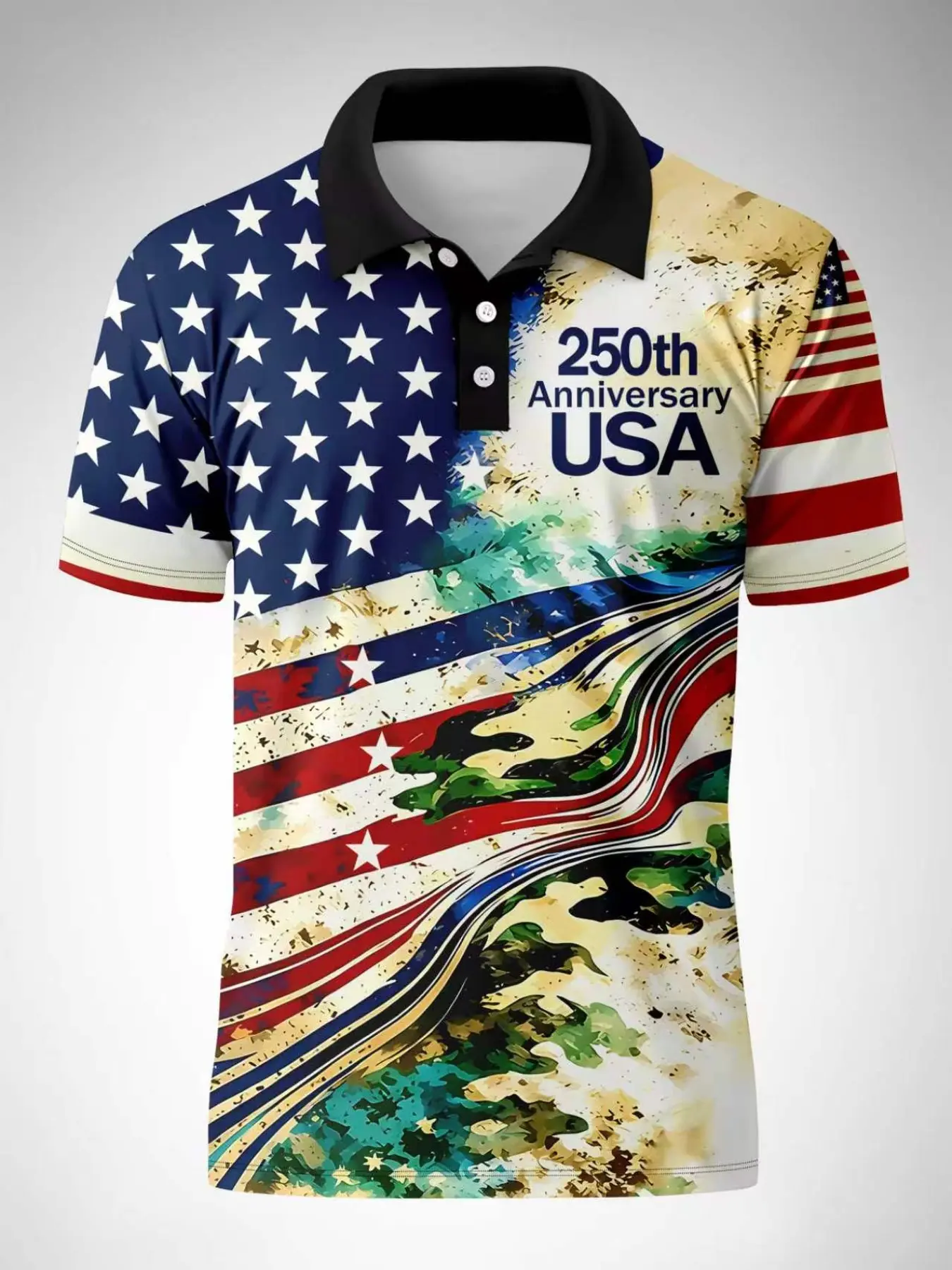 Men's Vintage American Flag 250th Anniversary Print Polo Shirt, Breathable Mesh Collar Top, Casual Patriotic Sports Tee for All Seasons