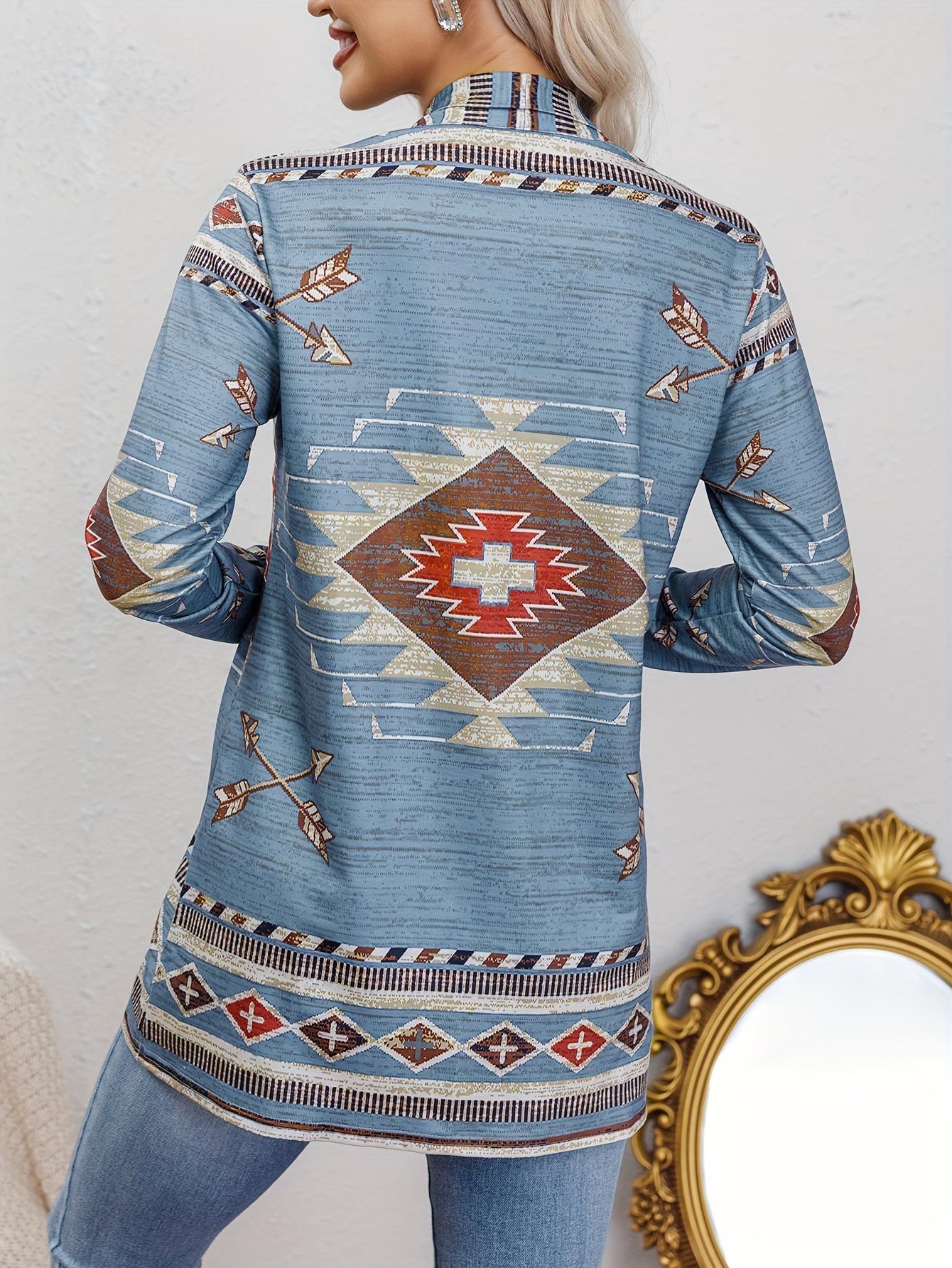 [Ethnic Print Cardigan] Casual Ethnic Print Open Front Long Sleeve Loose Cardigan - Western Style Women's Clothing