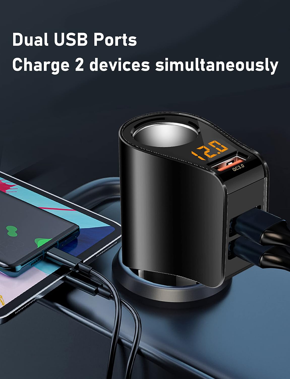 Cigarette Lighter Socket Adapter, Car Charger QC3.0, 12V/24V Outlet Plug Splitter with Multi USB Ports, Voltmeter Compatible for iPhone, Galaxy, GPS Cigarette Lighter Socket Adapter, Car Charger QC3.0, 12V/24V Outlet Plug Splitter with Multi USB Ports, Voltmeter Compatible for iPhone, Galaxy, GPS