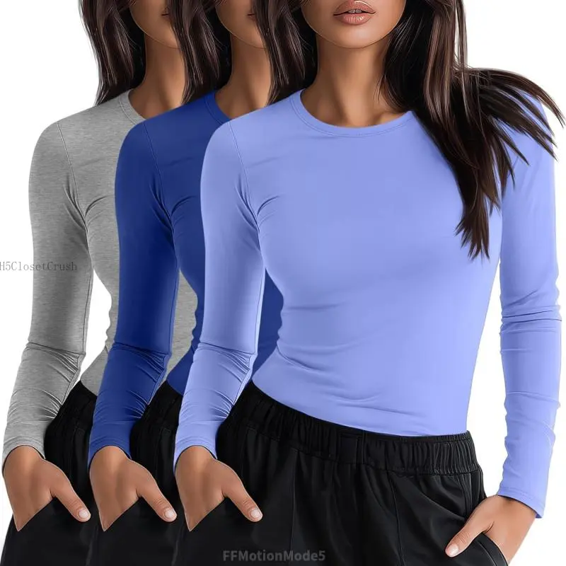 3 Pack Womens Underscrub Shirts Long Sleeve Crewneck Tops Fitted Layering Clothes Comfort Knit Tops for NurseFFMotionModeH5ClosetCrush