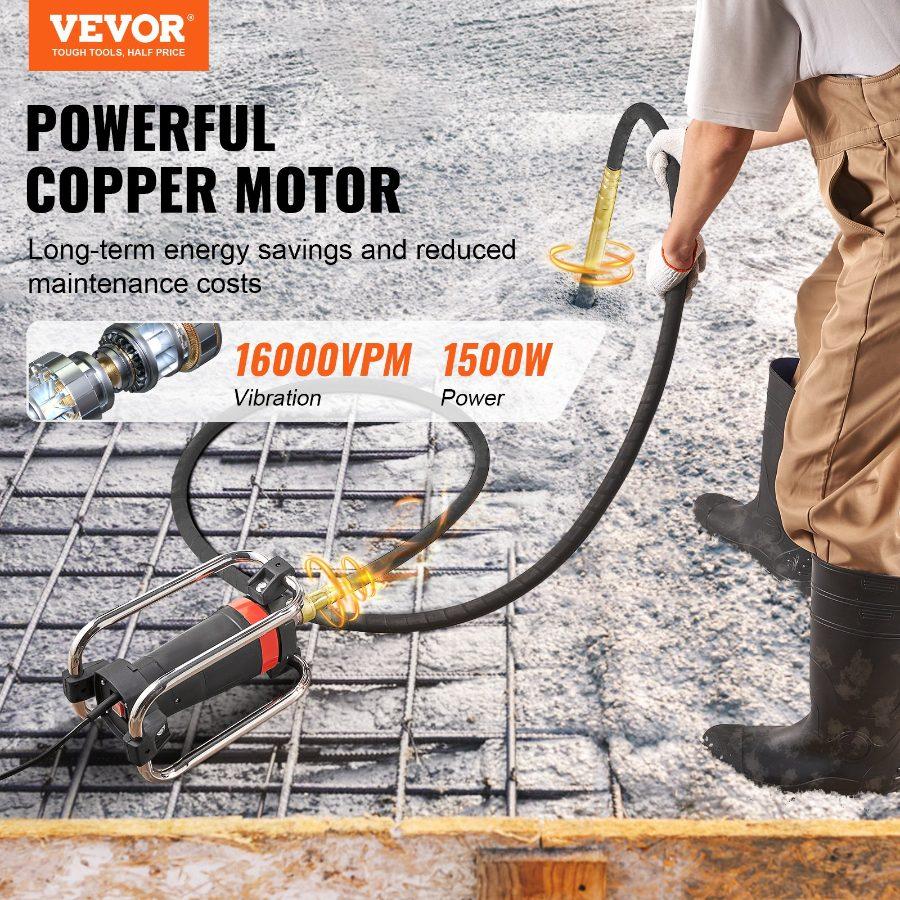VEVOR Electric Concrete Vibrator, 1300W 16000 VPM, 2HP Copper Motor Handheld Concrete Vibrating Tool, Portable Pencil Cement Vibrator with Shaft of 14.75ft/ 4.5m, Remove Air Bubble and Level Concrete