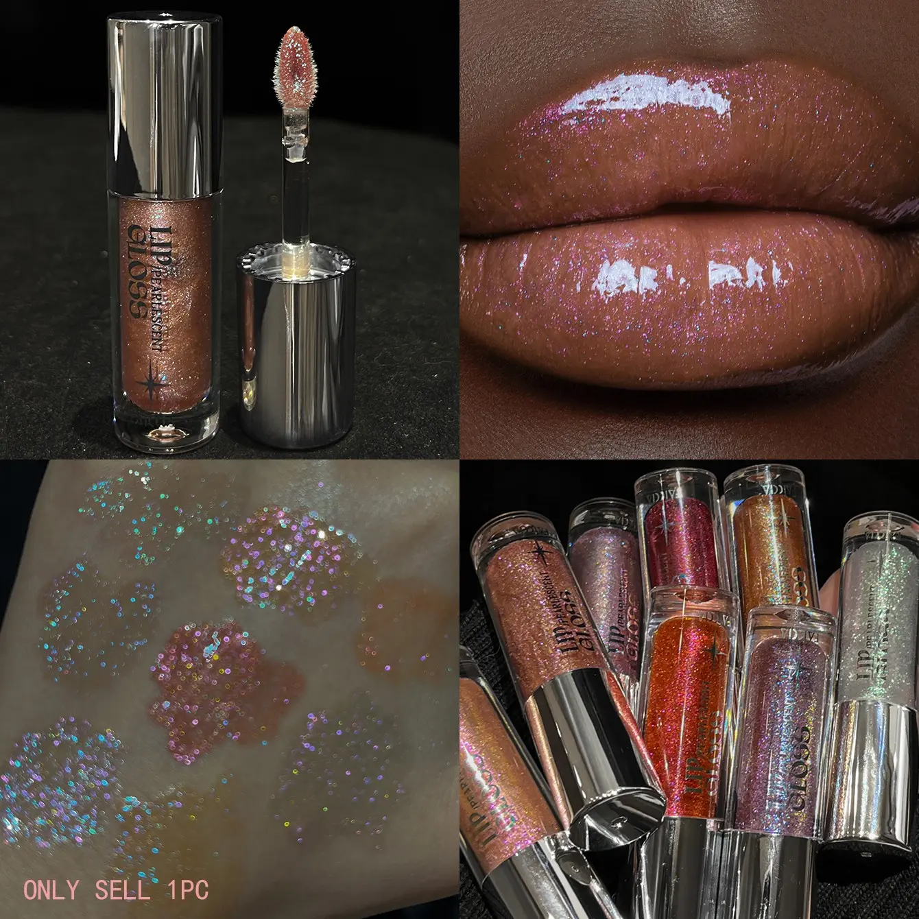 FAICCIA Neon Fantasy Iridescent Pearlescent Lip Gloss silver cap transparent bottle multi‑chrome shifting shimmer glitter change color with light sheer moisturizing smooth non sticky lip nourish reduce lip lines stunning glass lip finish wear alone