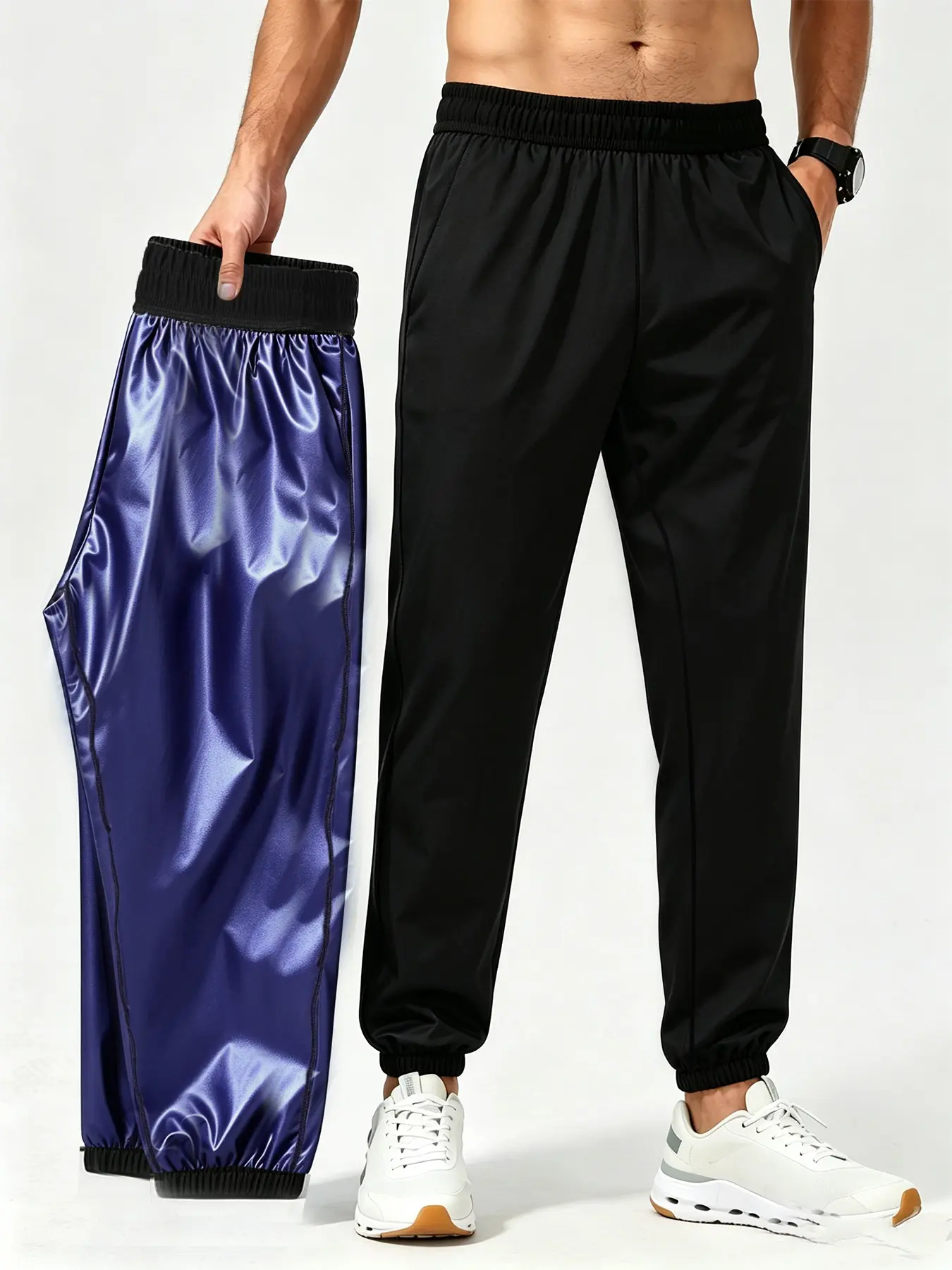 Men's Sauna Compression Joggers, Athletic Training Sweat Pants for Gym Boxing, Elastic Waist, Long Fit, & Blue, Athleisure Fitness Bottoms, Sizes S-Xxxl