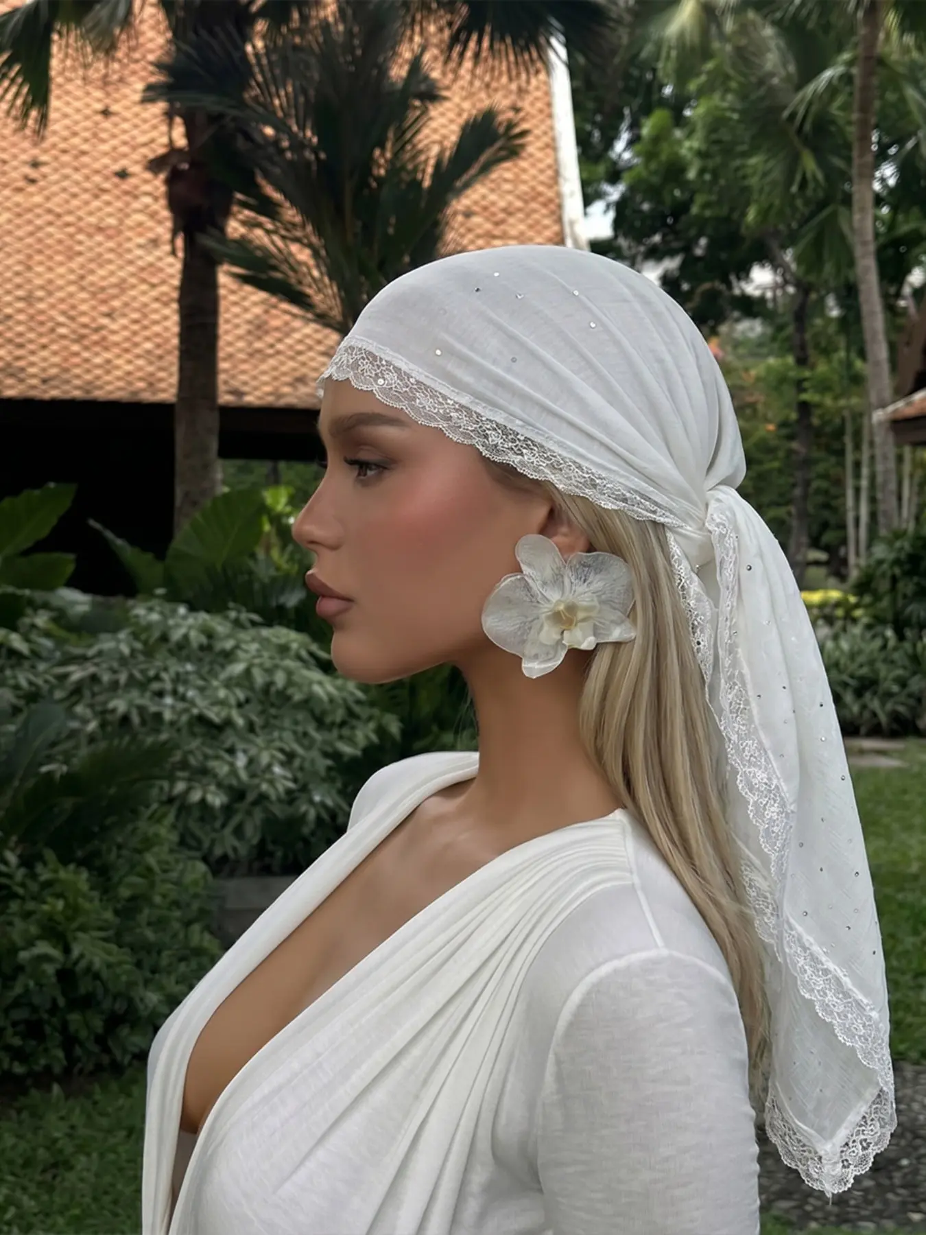 1pc Luxury Rhinestone Lace Edge Scarf, Versatile Fashion Headscarf/palisander, Elegant Party Accessory, Hijab, Plain Pattern, No Ca Prop 65