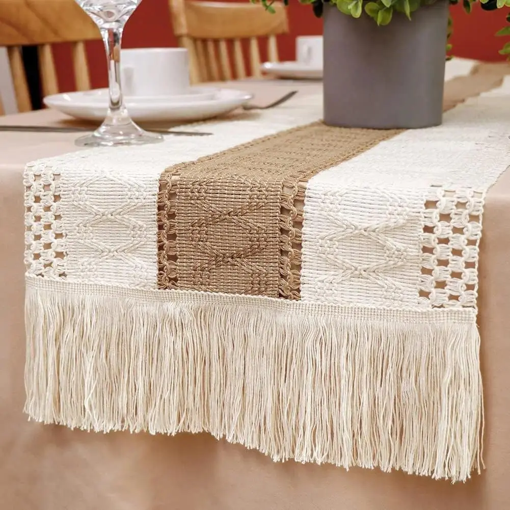 2026 New Boho Burlap Macrame Table Runner - Handmade Craft, 72x12in & 108in Hand-Woven Cotton Linen, Rustic Farmhouse Style with Hollow Stripes & Tasseled Ends, Indoor Home Decor & Birthday Gift (Bag Accessory Charm)