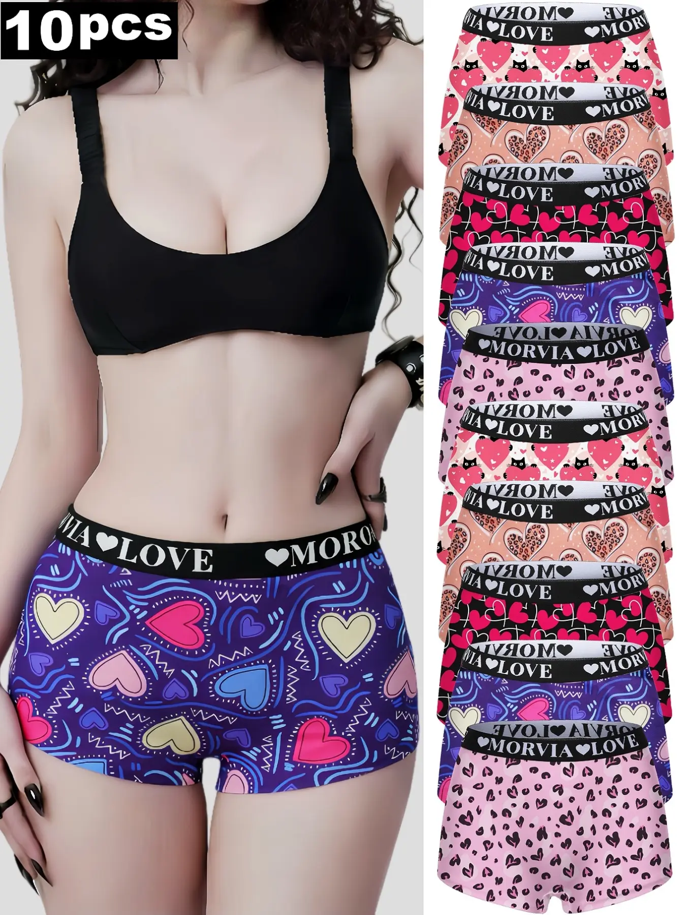 10-Pack Women Boyshort Underwear, Elastic Letter Print Waistband Cute Heart & Leopard Pattern Boxer Briefs, Casual Ladies Boxers