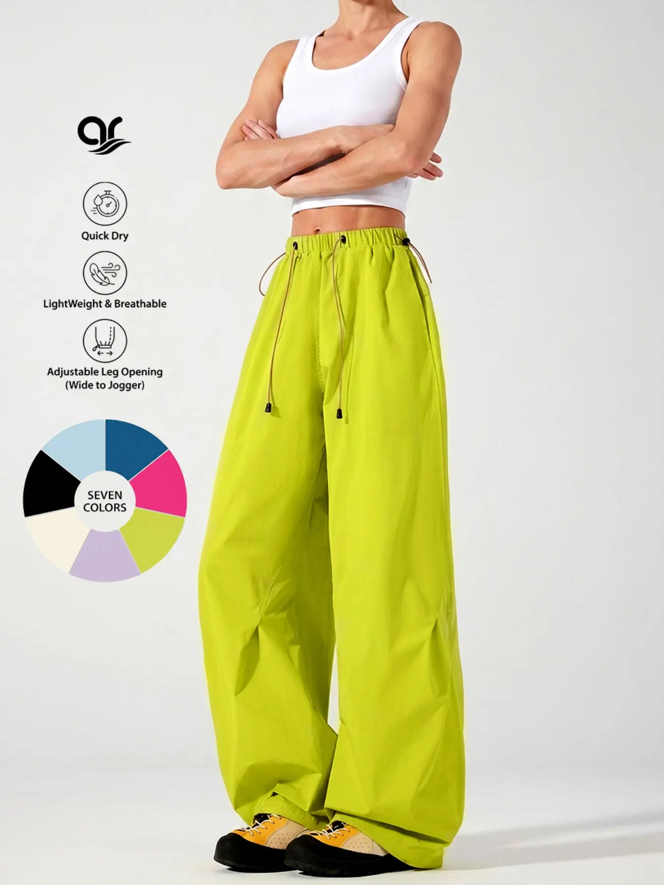 AR Trendy Baggy Parachute Pants for Women Lightweight Wide Leg Athletic Joggers High Waisted Drawstring Cargo Pants Y2K Streetwear & Dance Trousers