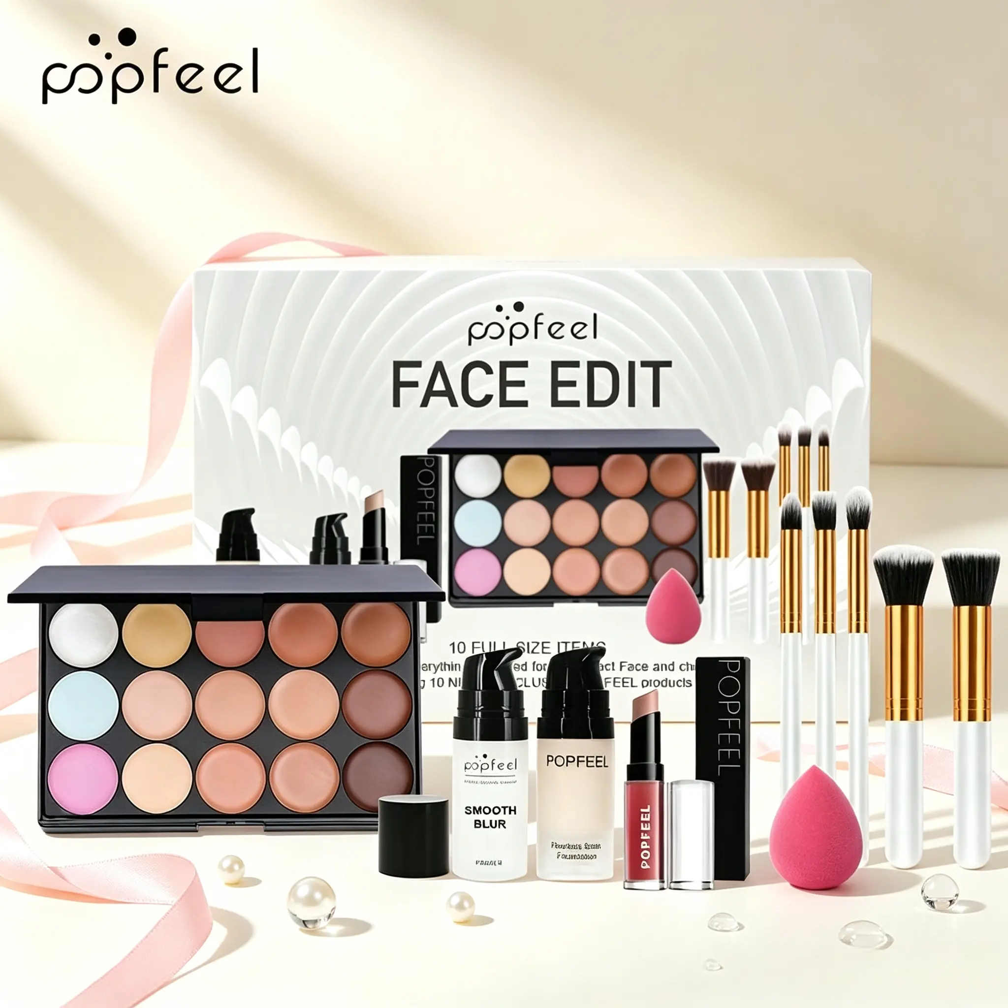 POPFEEL Full Face Makeup Gift Set FACE EDIT All-in-one Beginner Kit, Eyeshadow Palette Foundation Loose Powder Lip Gloss Makeup Brushes Beauty Sponge Affordable Student Combo Box