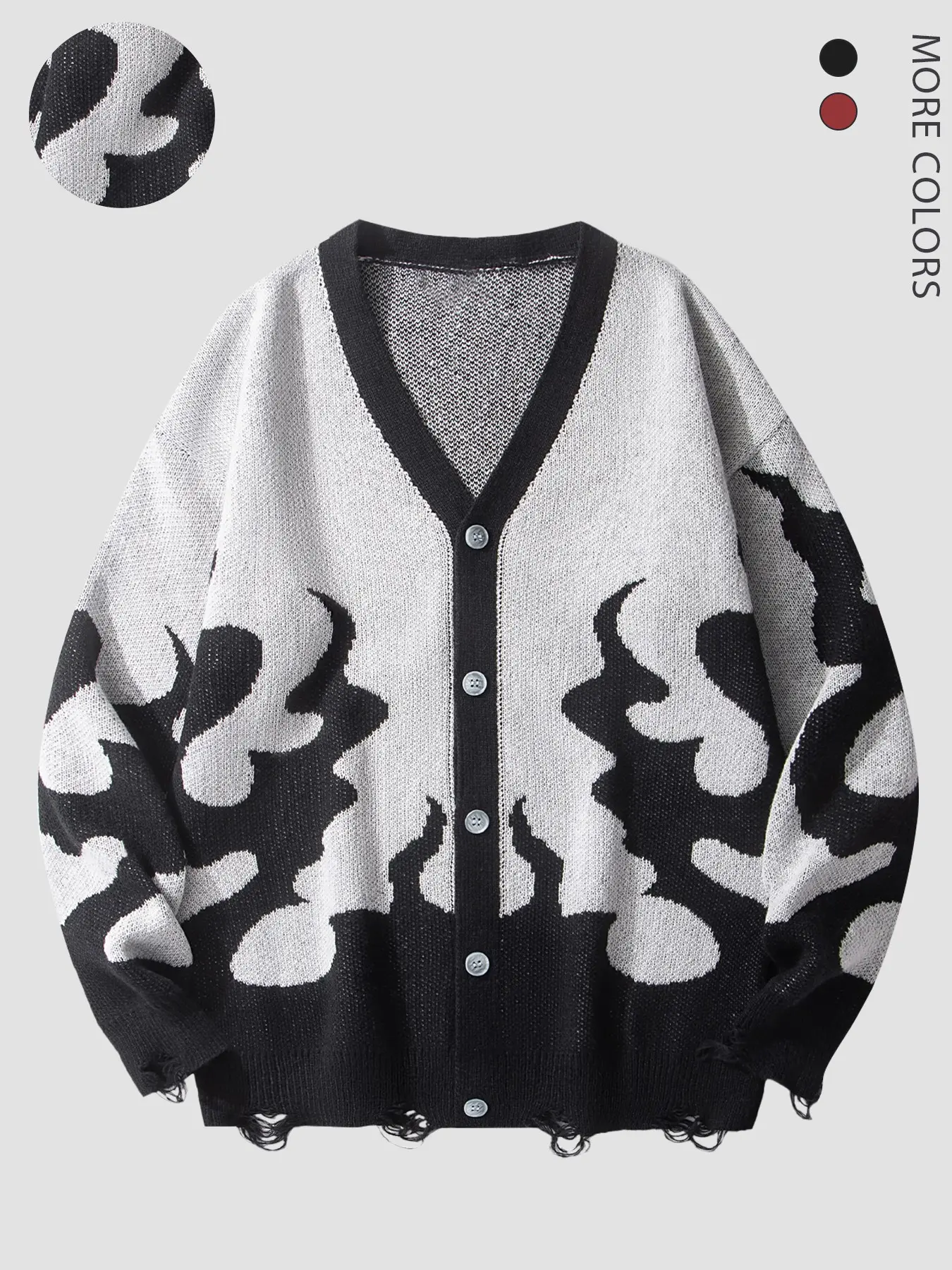 Autumn Winter Unisex V-Neck Knit Cardigan, Retro Flame Pattern Button Sweater, Loose Street Style, Halloween Theme, Available in 2 Colors