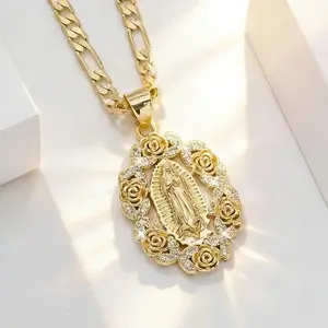 14K Gold Plated Our Lady of Guadalupe    Design Cuban Chain with Cubic Zirconia Accents Christian Catholic   for Mom Wife Girlfriend Sterling Silver Cross y2k Versatile Heart  Elegant Bear