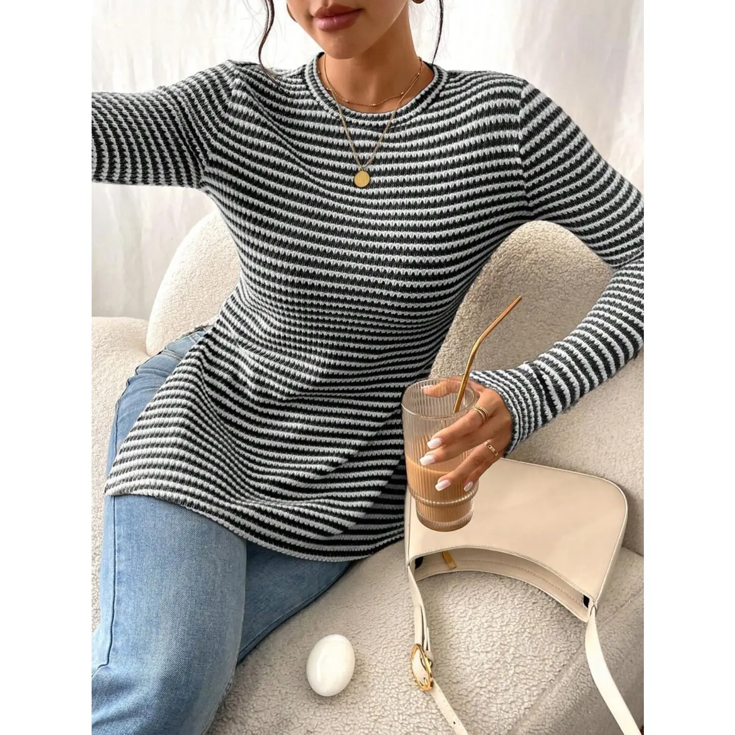 Women's Frenchy Casual Striped Long Sleeve Slim Fit Shirt - Side Slit, Street Chic, Cold Wash, Digital Print, Regular Sleeves, Suitable for Spring, Autumn