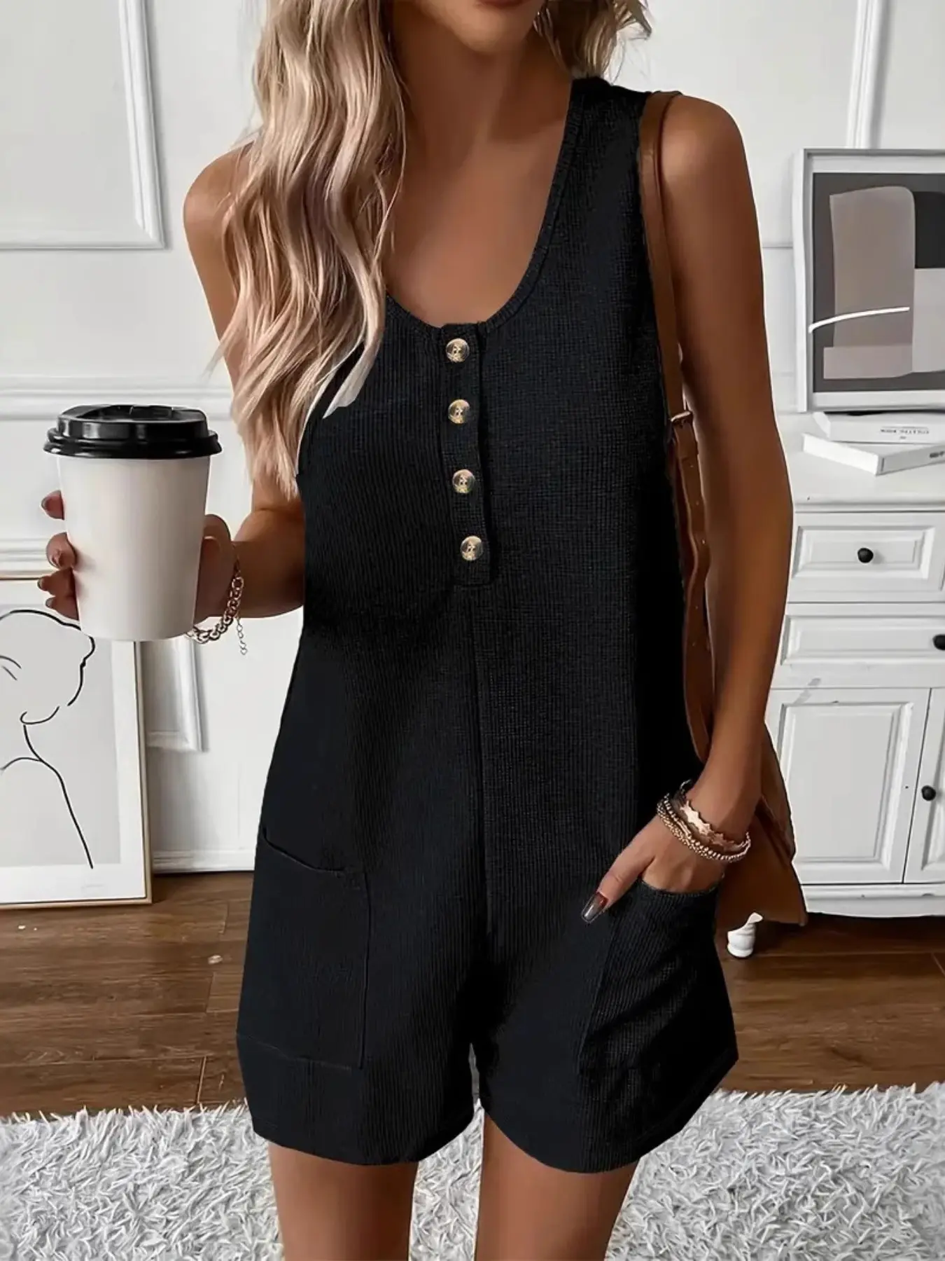 2026 Summer Casual Romper Sleeveless Waffle Knit Jumpsuit for Women, Soft Stretch One Piece with Pockets, Button Front Design, Casual Jumpsuit Overalls