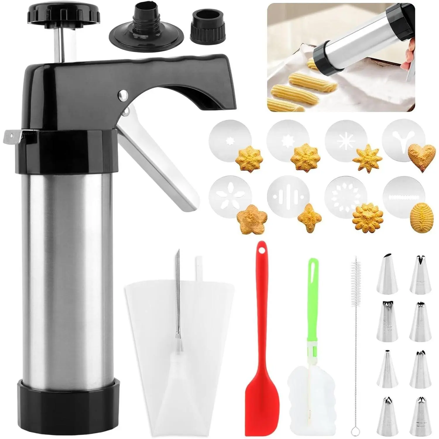 Churro Maker Machine, Stainless Steel Churros Gun Kit, Cookie Press Gun with Piping Bag, 8 Piping Nozzles, 8 Cookie Discs, 2 Brush and Cream Spatula