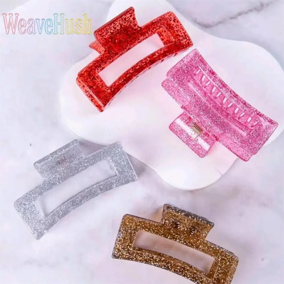 4Pcs Glitter Hollow Square Shark Clips for Women, Minimalist Fruit & Heart Pattern Large Hair Grab Claws, Elegant Luxury Exquisite Updo Hair Clips for Daily Party Summer Vacation