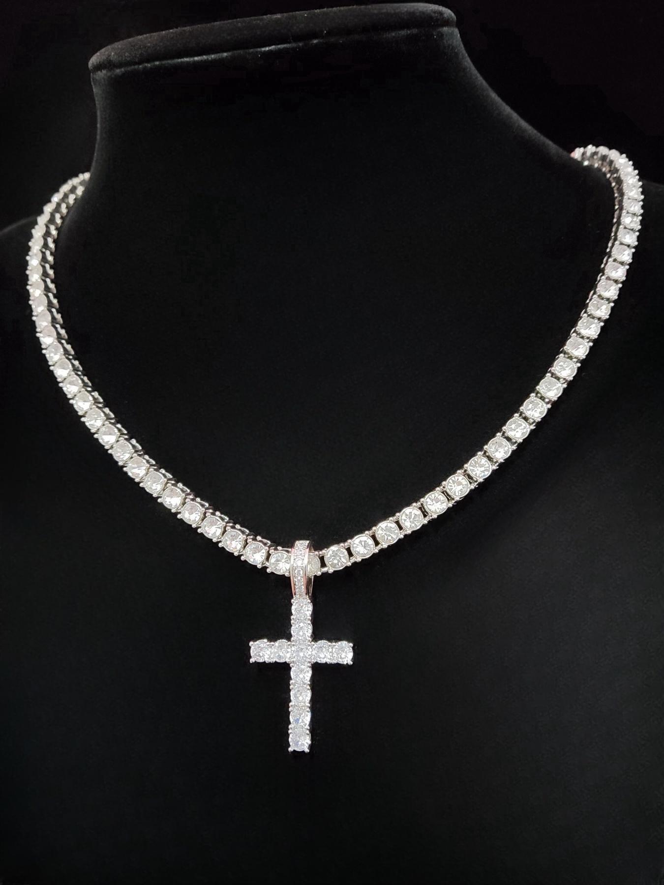 Artificial Zircon Cross Pendant 5mm Tennis Chain Necklace, Cuban Cross Necklace, Punk Style Necklace for Party, Daily Clothing Decor, Trendy All-match & Exquisite Jewelry for Birthday Gift