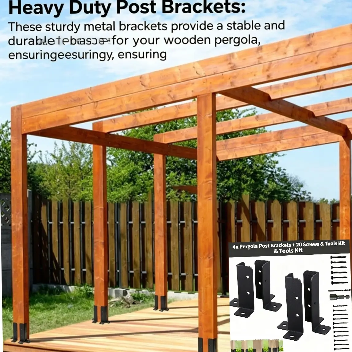 Adjustable Deck Post Anchor Brackets 2 Sets, Includes 20 Screws, Sturdy Heavy Duty Durable Metal Support for Fence, Pavilion and Pergola Poles, Easy Installation, Adjustable Fit