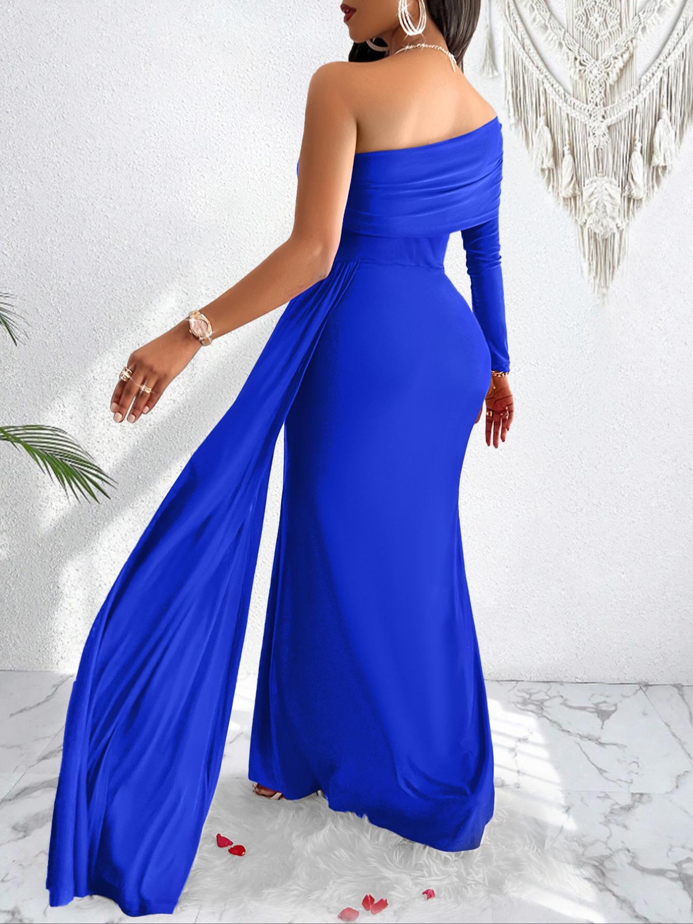 Aliling Women's Elegant Christmas Evening Dress, Asymmetrical One-Shoulder Maxi Gown, High-Waisted Ruched Long Dress, Formal Wear