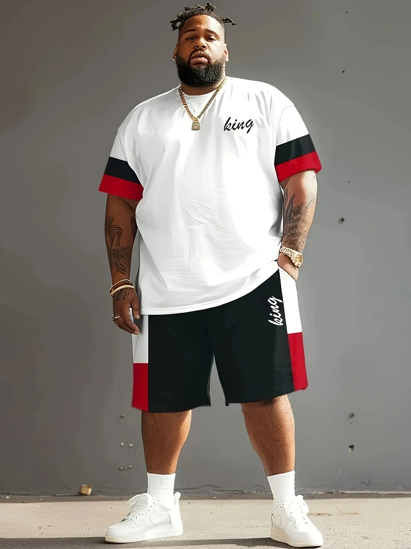 Large Size Menswear Men's Two Piece Set Print, Short Sleeve T-Shirt & Shorts, Polyester Shorts Set, Casual Summer Wear, and, Plus Size, Loose-Fitting, Clothes, Matching Sets