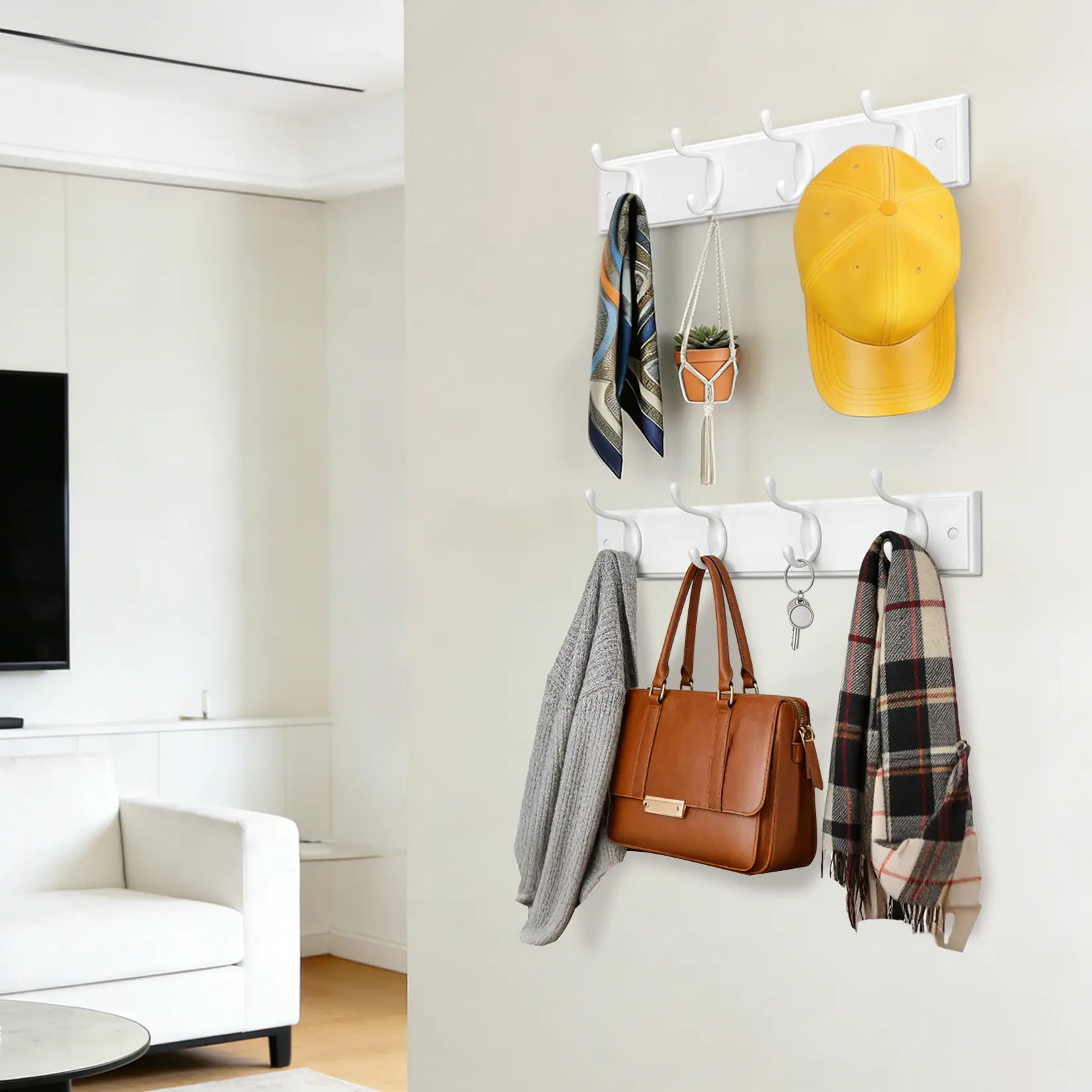 2-Pack White Wall Mount Coat Hooks, 4-Hook Metal & Wood Entryway Hanging Rack, 40cm Heavy Duty Hanger for Hats, Bags, Towels & Clothes