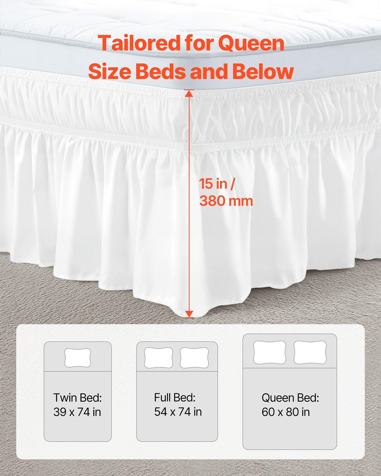 VEVOR Wrap Around Bed Skirt, 15 in Drop, White Dust Ruffle Queen Size, Three Sides Adjustable Bedskirt with Easy Fit Elastic Strap, Wrinkle-Free & Fade-Resistant, Machine Washable, for Queen Size Bed