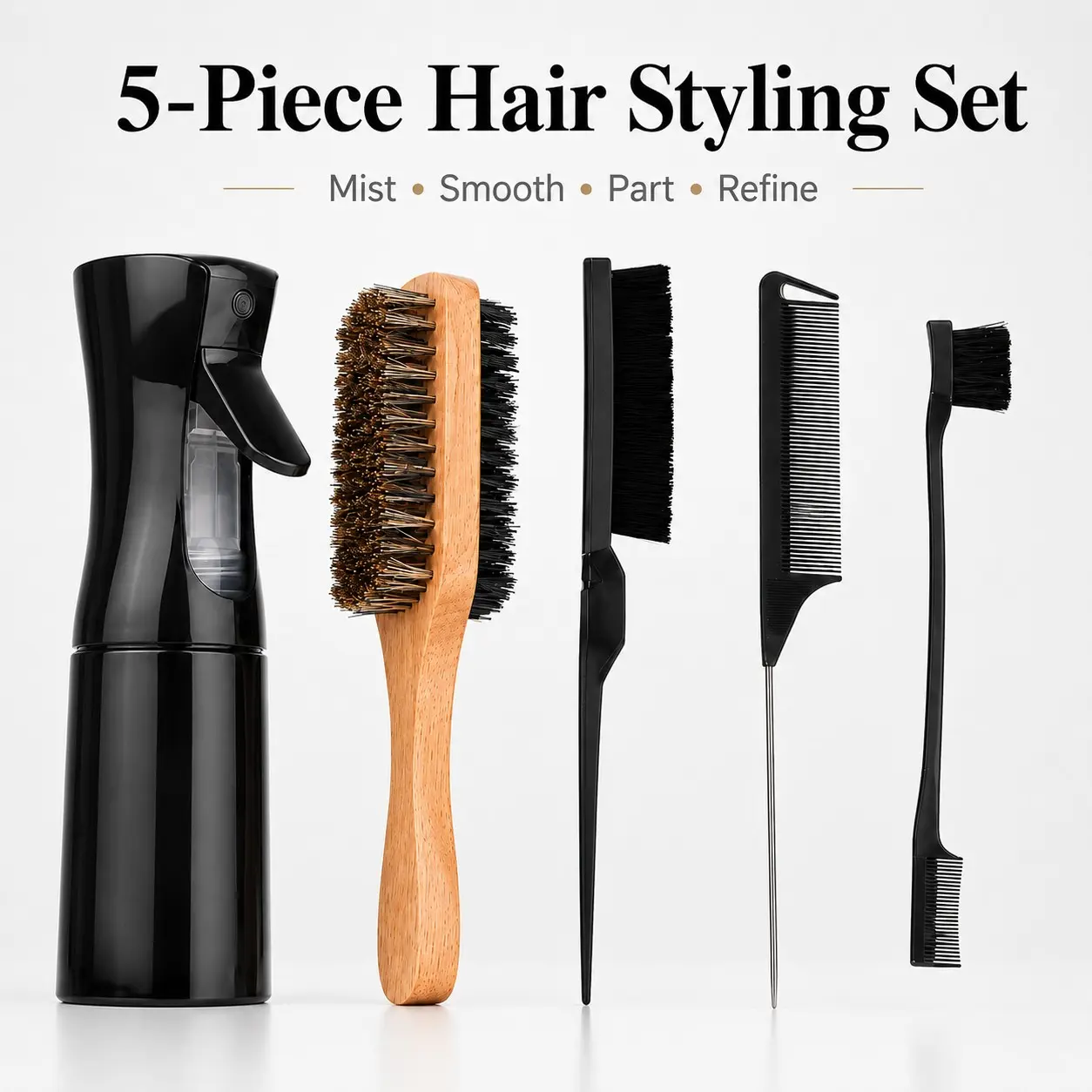 5-Piece Hair Styling Set with Fine Mist Spray Bottle, Dual-Sided Firm & Soft Bristle Brush, Teasing Brush, Rat Tail Comb & Edge Brush for Smoothing, Detangling, Volume, Precise Parting, Flyaway Control, Sleek Buns, Ponytails & Daily Styling