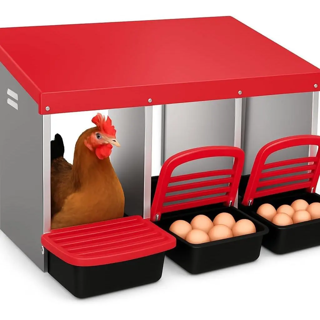 3-Compartment Metal Chicken Nesting Box, Zinc Alloy, Red, Wall-Mount or Free-Stand