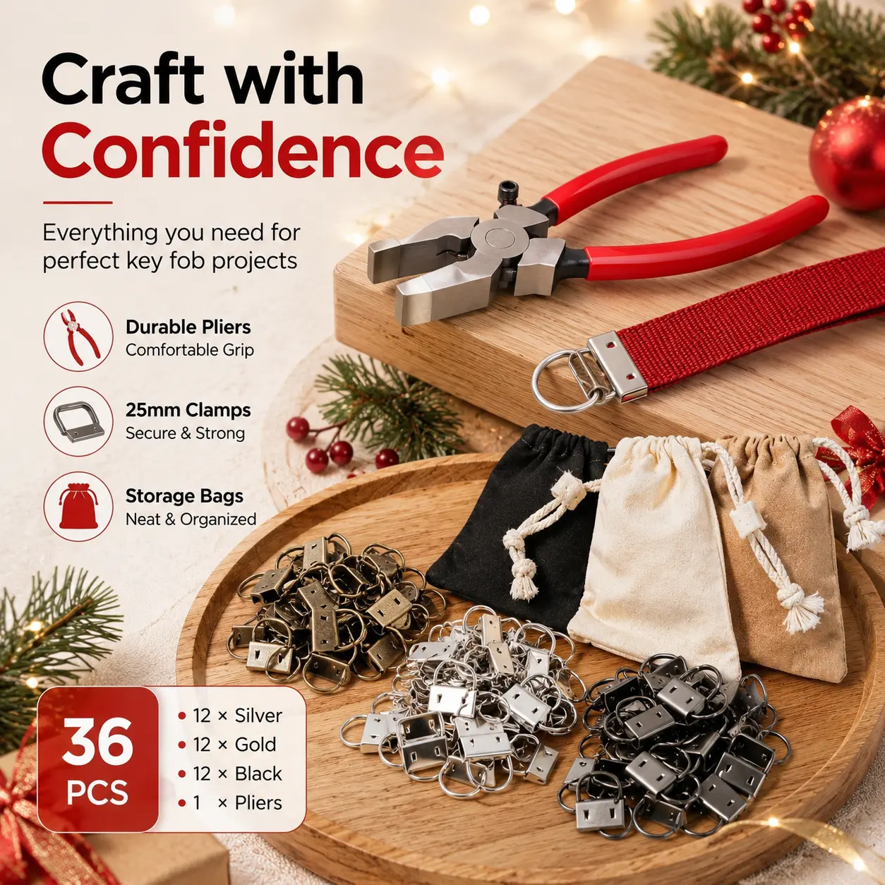 Metallic 37-Piece Crafters' Keychain & Wristlet Supplies Set - 1-Inch Lanyard Components (36 Pcs), 1 Key Fob Pliers - Hand Tools Kit, Tools & Hardware-YY2