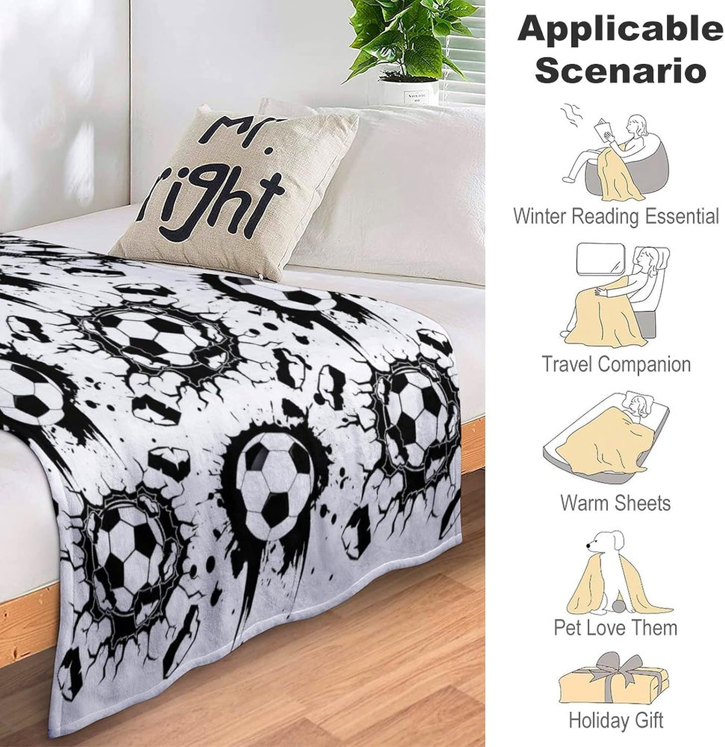 Soccer Blanket Throw Soccer Ball Blankets Soft Lightweight Flannel Warm Cozy Football Blanket Gifts for Sport Fans Kids Adults 50"X40"