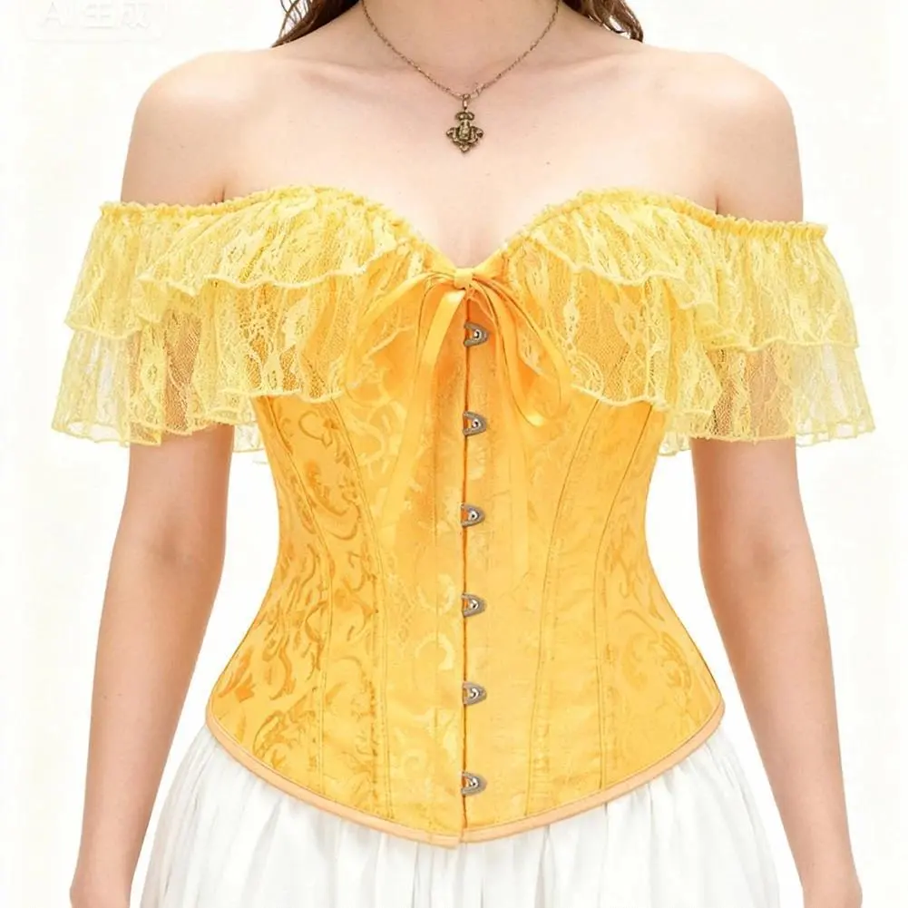 Yellow Jacquard & Lace Ruffles Boned Elegant Corsets Top Sexy Corset Overbust Vintage Clothes Victorian Women Gothic Bustier y2k