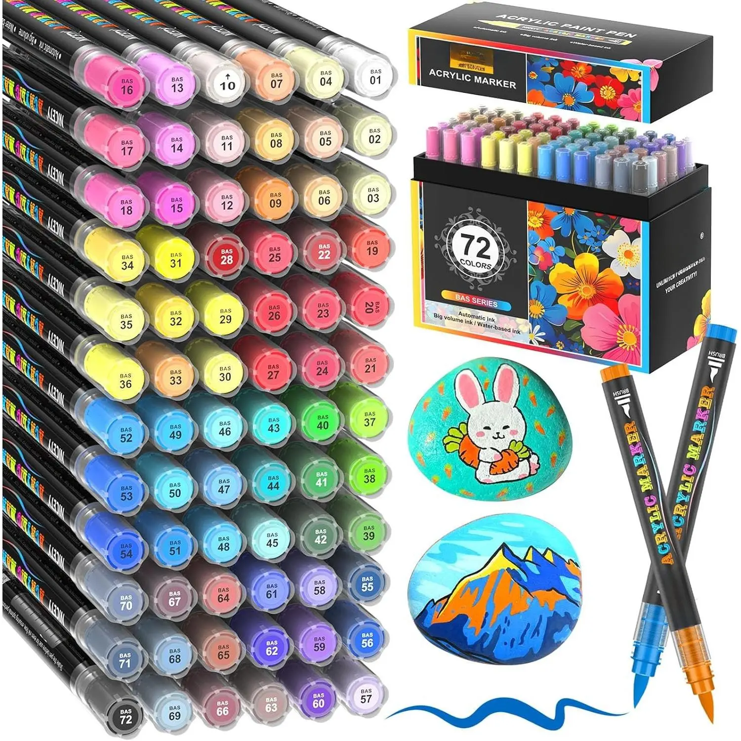 72 Colors   Markers for Rock Painting – Water-Based  Pens with Flexible Brush Tip (1–6mm) & Automatic Ink Control for Beginners,  & Adults – , Canvas, Fabric & Glas