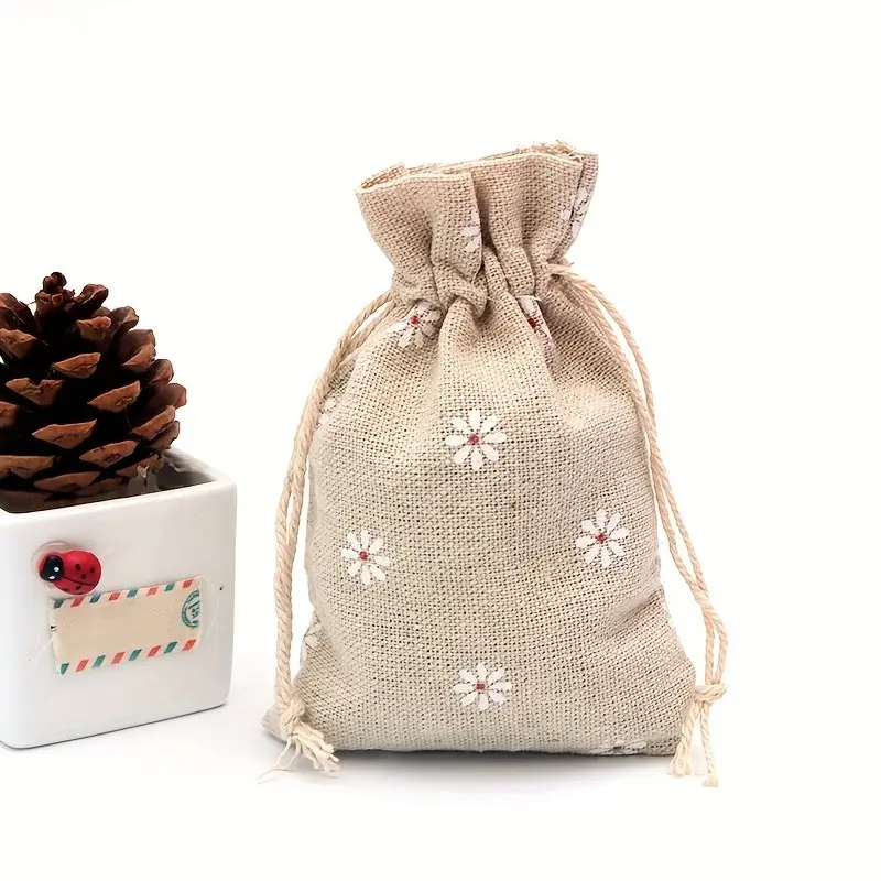 10Pcs, chrysanthemum pattern printed linen bags, drawstring gift bags, party drawstring gift bags, jewelry packaging bags, wedding party decoration gift bags, drawstring gift bags, birthday party gift bag decorations, reusable decorative gift packagin