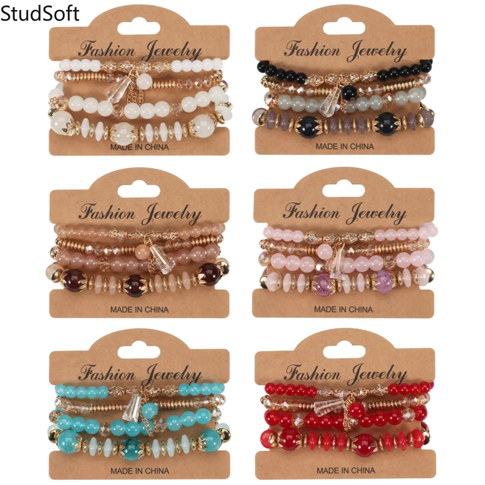 Multicolor Beaded Bracelet for Women, Vintage Boho Layered Style with Faceted Crystal Stones and Teardrop Charm, Gift