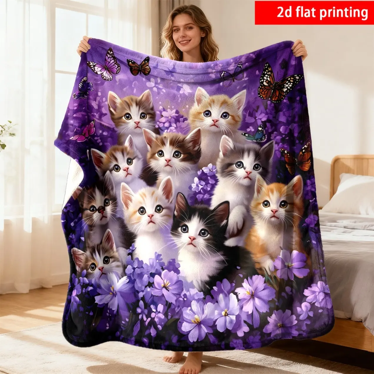Cute Kitten and Butterfly Design Flannel Fleece Blanket, 2D Flat Full Print Single-Sided Printed Soft Cozy Warm Throw Blanket, Lightweight All-Season Blanket for Office Nap, Camping, Travel, Sofa, Bedroom, Kids and Cat Lovers, Cute Gift Home Décor