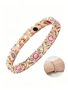 Women's Magnetic Bracelet — Charming Stainless Steel Link Bracelet with Pink Crystals. An Exquisite, Versatile, and Fade-Resistant Wristband Designed to Help Alleviate Anxiety. Women's Jewelry. A Thoughtful Gift for Her.