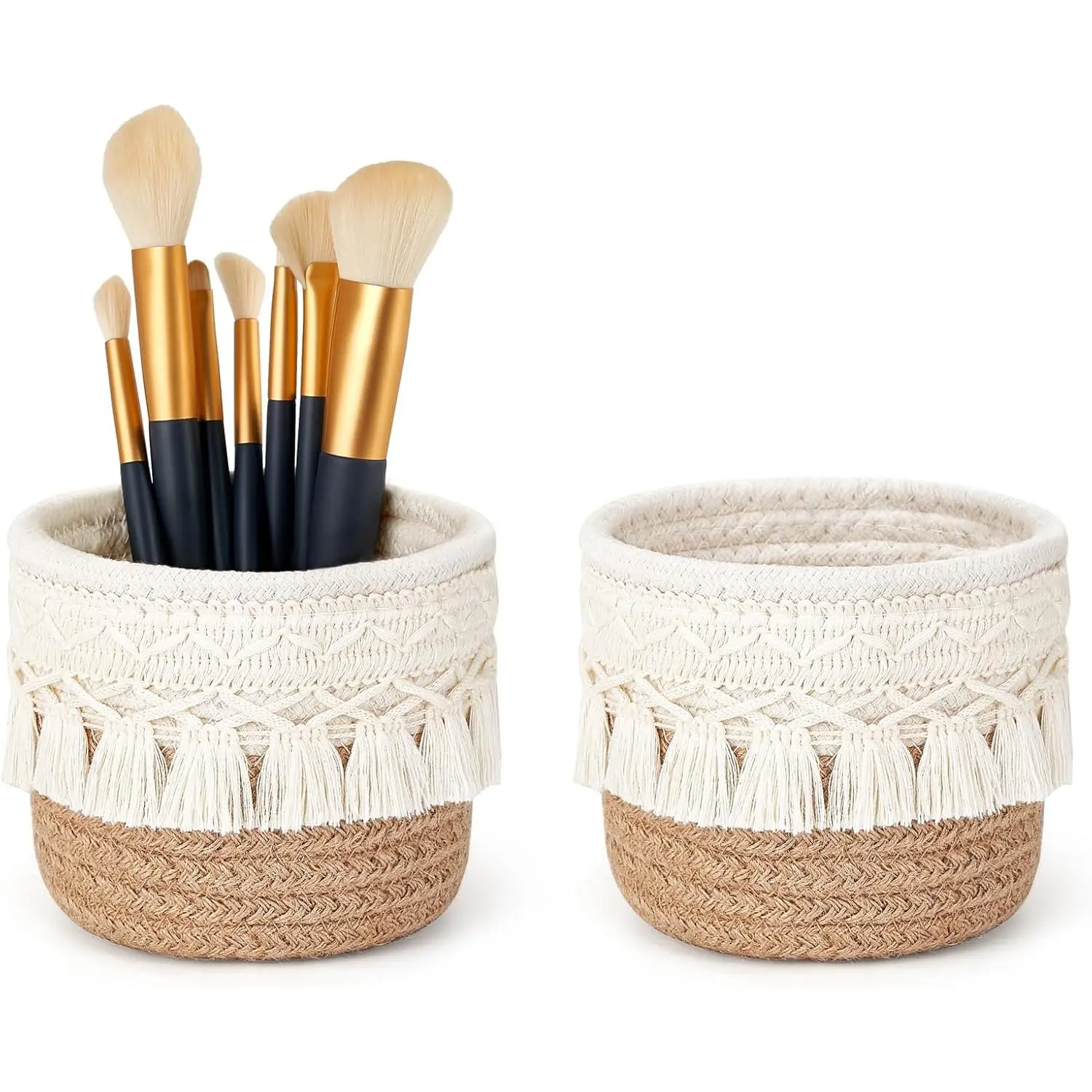 Macrame Makeup Brush Holder Organizer Comb Brushes Mini Storage Basket Set of 2 Boho Decor Baskets for Pen Pencil Box Container,Yellow and White